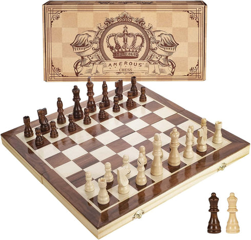 AMEROUS 15 Inches Magnetic Wooden Chess Set - 2 Extra Queens -