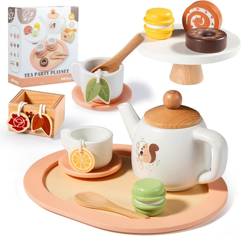 OMYbaby Wooden Tea Set for Little Girls, 19pcs Party Playset With Teapot, Cups,