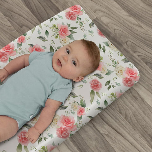 ZoUbqchY Summer 32''16'' Bloom Rose Green Leaves Changing Pad Coves for Baby Girl Boy Boho Floral Fitted Change Table
