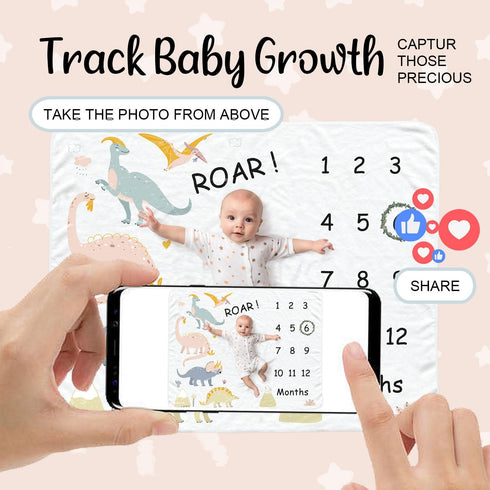 Dinosaur Baby Monthly Milestone Blanket for Boys, Soft Flannel Photography Background Prop, Personalized Shower Gift