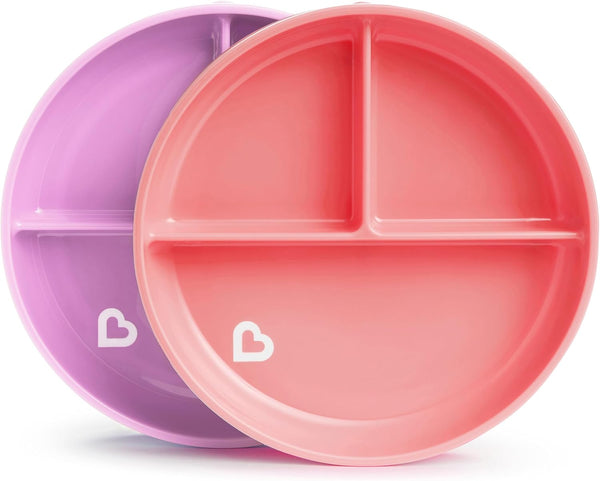 Munchkin Stay Put Suction Plates - 3 Divided Sections for Baby and Toddler, Pink/Purple
