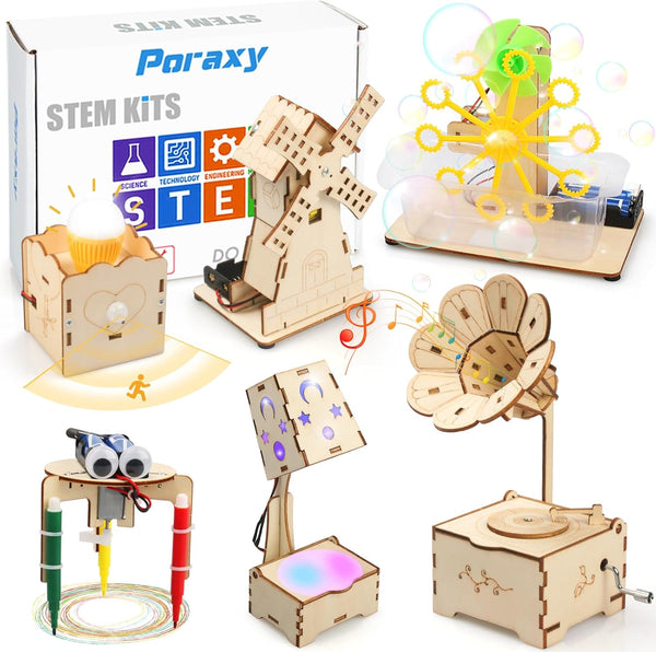 Poraxy STEM Kits for Kids Age 8-12, 6 in 1 Science Kits, Wooden 3D Puzzles, Building Projects Crafts Model Kits