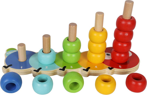 TOWO Wooden Stacking Rings Baby Caterpillar Counting Game, Colour Sorting Puzzle, 5 Pegs Ring Stacker, Early Learning