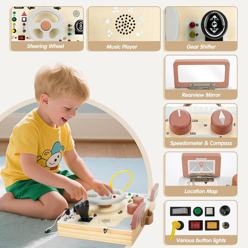 1+ Joyreal Toddler Busy Board with LED Lights, Steering Wheel, Sounds, Montessori Toys for Year Old, Fidget Board