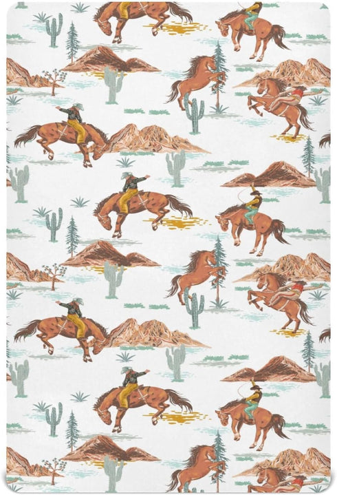 CHUROUSY Western Cowboys Crib Sheets for Boys Girl Vintage Desert Cactus Cowboy Wildlife