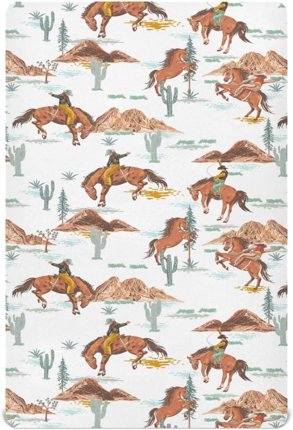 CHUROUSY Western Cowboys Crib Sheets for Boys Girl Vintage Desert Cactus Cowboy Wildlife