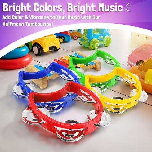 Flexzion Half Moon Musical Tambourine Set of 4, Red Yellow Blue Green, Hand Held Percussion Drum with Jingles