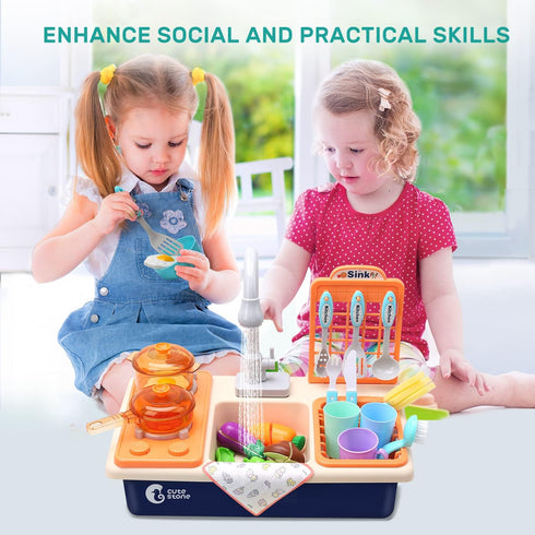 CUTE STONE Pretend Play Kitchen Sink Toys - Cooking Stove with Realistic Light and Sound