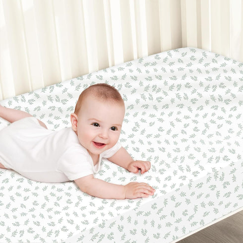 4-Pack 52x28x8in(Green+Leaf) Biloban Crib Sheets Waterproof for Boys Girls, Fitted Crib Sheet for Standard Crib
