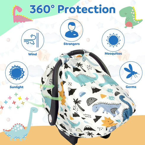 Fiwochic Dinosaurs Carseat Cover Baby Infant Car Seat Canopy Breathable Cotton Extra Large Mesh Window Windproof