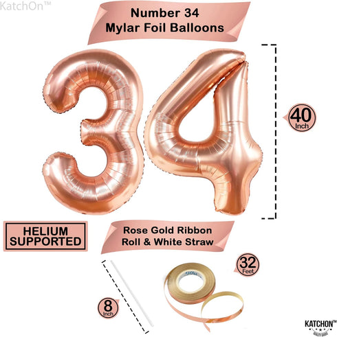 KatchOn Rose Gold 34 Balloon Set, 40 Inch, 34th Birthday Decorations for Women with Confetti Balloons