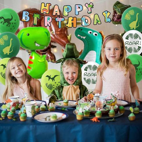 Happy 1st Birthday Decorations - Large Dinosaur Foil Balloons, Number 1 & Dinosaur Printed Balloons, Banner for Boy &