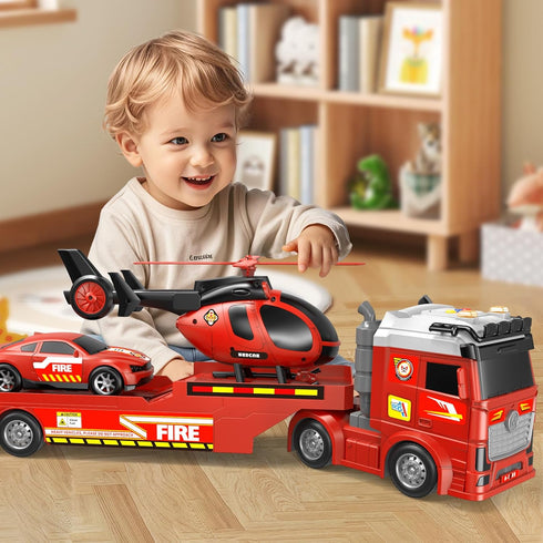 DWIRCTOYS 3 4 5 6 7 8 25" Kids Toys for Ages Years Old Boys, Large Fire Semi Truck with Helicopter & Race Car, Friction