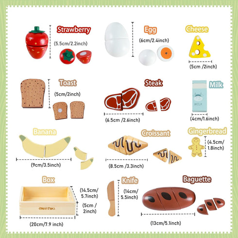 Sets 3+ Wooden Play Food for Kids Kitchen, Breakfast Food Toys for Toddlers Year Old, Pretend Food Play Cutting Bakery