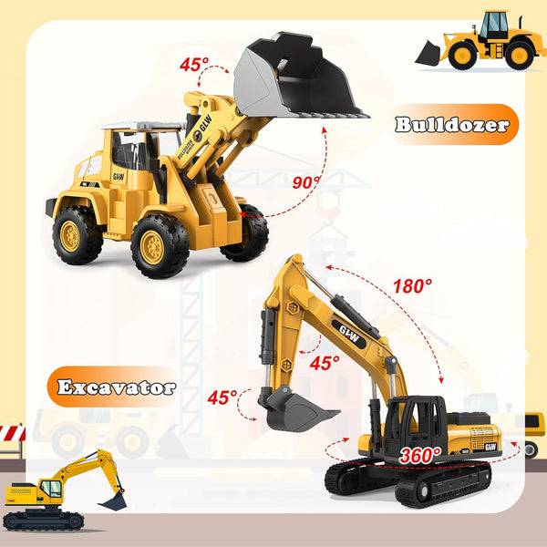 Set Bulldozer 3-7 Alloy Die-Cast Construction Vehicles Toys w/Semi Truck, Excavator & - Real Lights & Sounds, Movable
