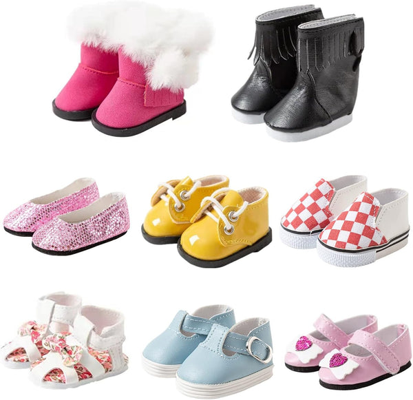 8 Pairs Doll Shoes for 14.5 Inch American Doll, Wellie Wishers Including Boots, Sandals, Sneakers, Leather Shoes
