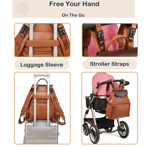 Backpack, 14 Leather Diaper Bag Pockets, Fashion Diaper Bag Leather with Changing Pad, Stroller Straps, Travel