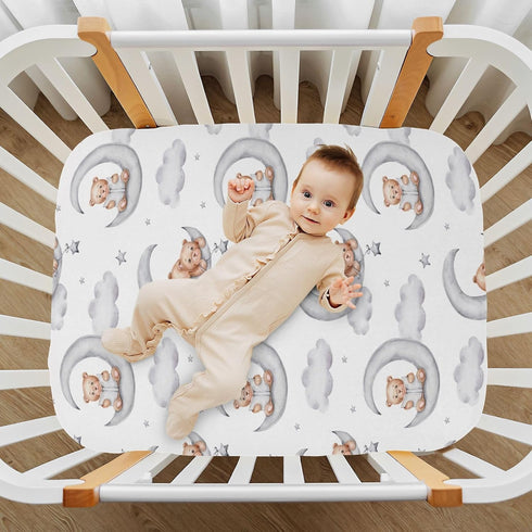 XLIANBIN Teddy Bears Fitted Crib Sheets Watercolor Moon Star Clouds Grey Soft and Breathable Standard Baby Sheet