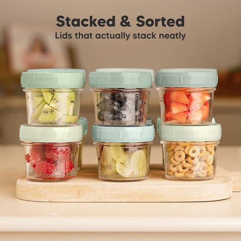 KeaBabies 6pk 4oz Glass Baby Food Containers - Leak-Proof, Microwavable Small Baby Glass Jars with Lids (Sage)