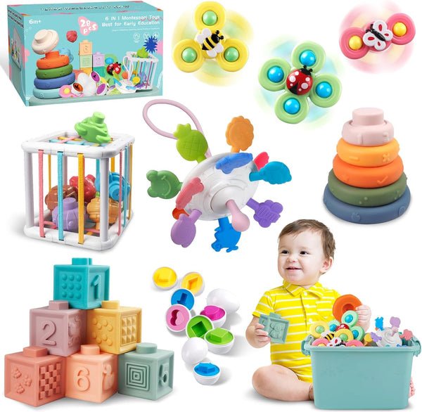 Baby Toys for 6 to 12 Months - Montessori Sensory Bins Toys for Toddlers, Pull String Teether, Stacking Blocks