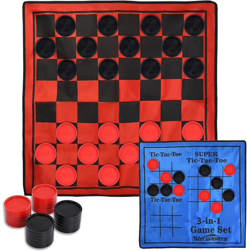 3 in 1 Giant Checkers Game Set with 24 Checkers, Reversible Rug, Indoor & Outdoor Activity for Kids or Adults