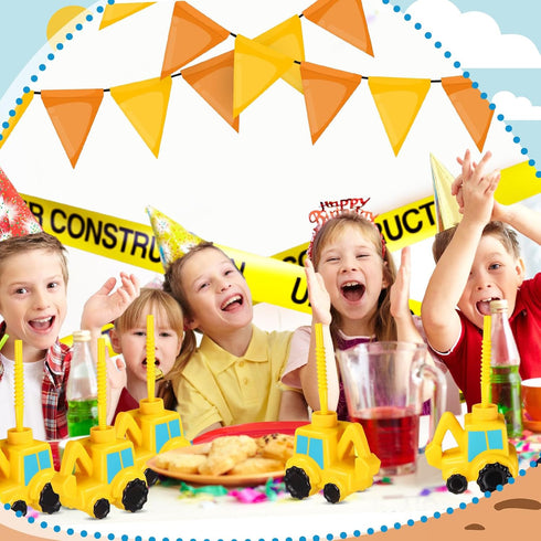 12 Set 10 oz Tanlade Excavator Truck Cups with Straws, Tractor Birthday Party Decorations Plastic Excavator Shape Cup