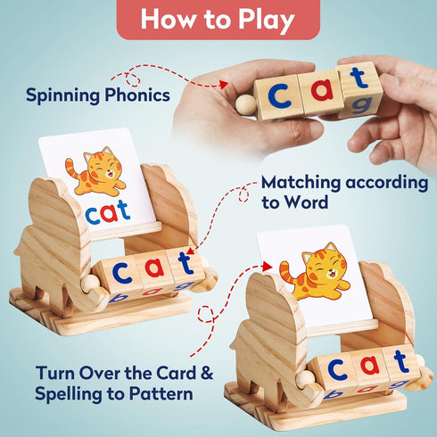 Montessori Learning Toys Gifts for Kids 3-5 Years, Wooden Reading Blocks, Preschool Activities & Flash Card Games