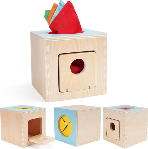 FCSONU Kids Toddler Montessori Toys, Wooden Baby Tissue Box Toy for Educational Learning with Cloth Tissues