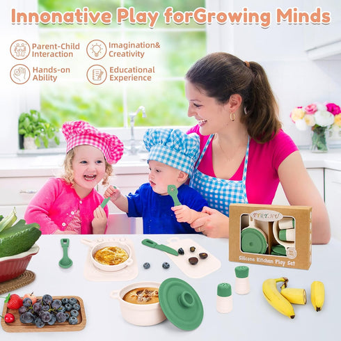 11Pcs Sets,Cooking Set 1-3,Green TYRY.HU BPA Free Kids Play Kitchen Accessories Toy, Silicone Pretend Play Food Toys