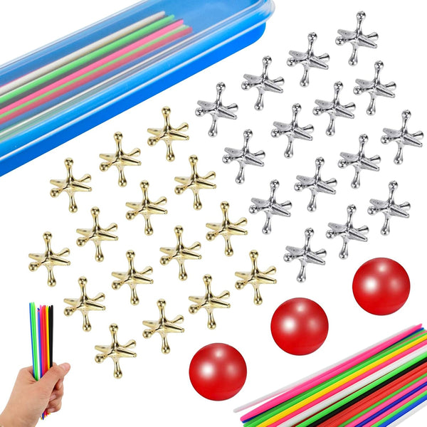 ZeeDix 90 Pcs Pick Up Sticks with 3 Sets Retro Metal Jacks Kit, Classic Fun Game Gift of Jacks for Kids
