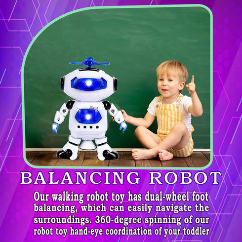 Toysery Walking Robot Toys for Kids, 360° Spinning Dancing Robot with LED Lights and Music, Interactive Electronic Toy