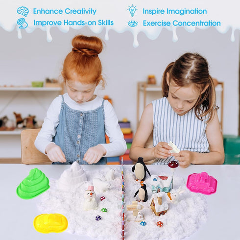 FIIOEOY 3 4 5 6 7 8 Snow Sensory Bin, Play Sand Art Kit for Kids with Sensory Sand, Arctic Animal Figures, Winter