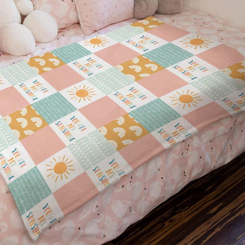 Boho Rainbow You Are My Sunshine Baby Blanket - Pink Sun Polka Dots Flannel Fleece, 30 x 40 for Girls Gift