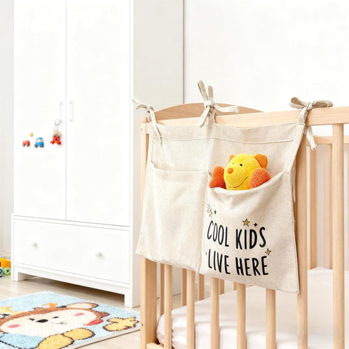 OldFarmBee 2 Cute Linen Baby Crib Hanging Storage Organizer, Pockets Nursery Playpen Cloth Bag with Strap, Minimalist