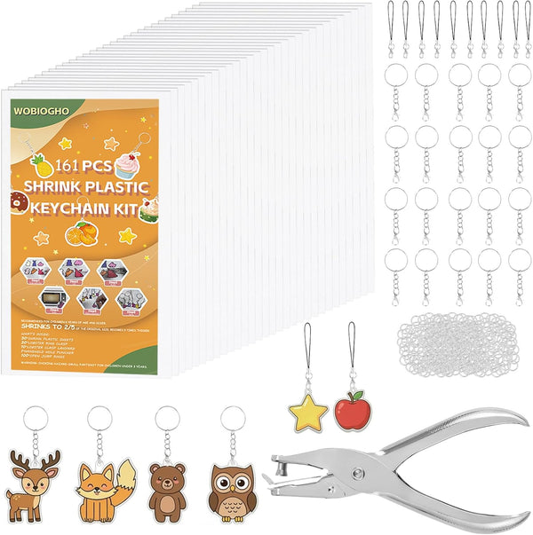 WoBiogHo 161 Pcs Shrink Plastic Keychain Making Kit, 30 Shrink Plastic Sheets