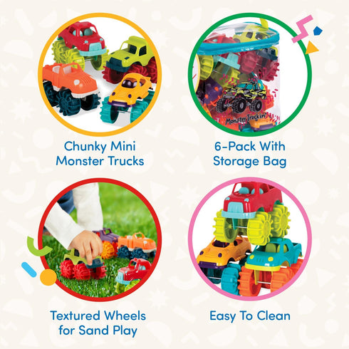 Battat Plastic Toy Cars - 6-Pack with Storage Bag, Colorful Toddler Trucks, Easy to Clean, Mini Monster Trucks for 2+