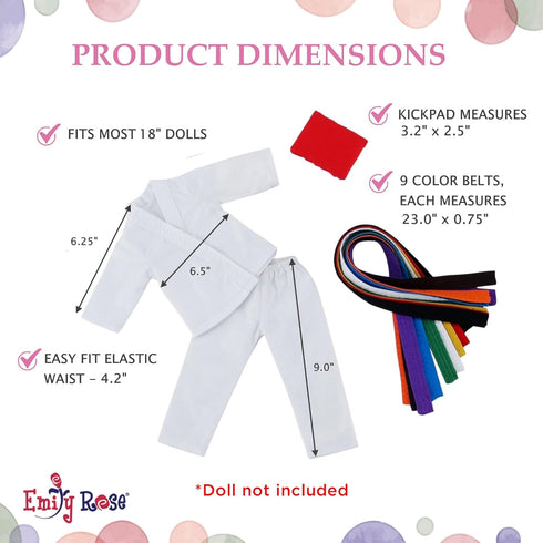 18 Inch 11 Set 9 Emily Rose Doll Karate Outfit Pc Martial Arts Taekwondo Doll Clothes & Accessories with Ranking Belts