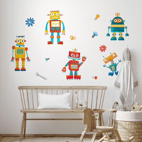 Yovkky Robots Educational Wall Decals Stickers for Baby Boys Room, Clockwork Wrench Toddler Nursery Playroom Decor