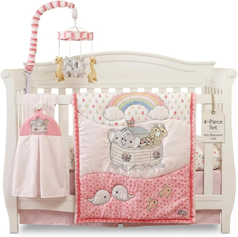 4 Set EVERYDAY KIDS Precious Moments Noahs Ark Pc Crib Bedding for Girls Nursery Includes Baby Bed Quilt, Fitted Sheet