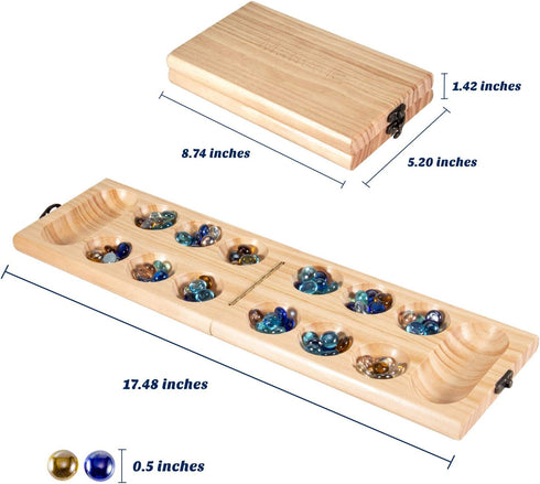 AMEROUS Wooden Mancala Board Game Set - Folding Board with 72+8 BONUS Multi Color Glass Stones, Portable Travel Game