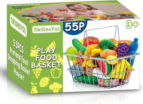 55 Set 1-3 4-8, Pcs Grocery Store Pretend Play Food with Shopping Basket for Kids Toddlers Kids Play Kitchen