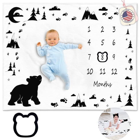 Bear Baby Blanket - Baby Monthly Milestone Blanket for Boys, Includes Felt Frame, Month Blanket Baby Shower Baby