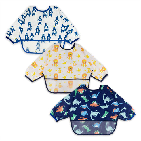 3 Pcs Long Sleeved Bib Set, Baby Waterproof Bibs with Pocket Bundle, Toddler Bib with Sleeves and Crumb Catcher