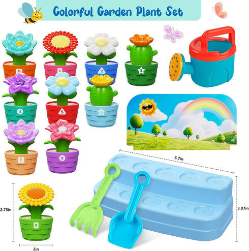 Set Montessori Flower Garden Building Toy for Toddlers, Gardening with Watering Can, Shovel, Rake, Shape & Color