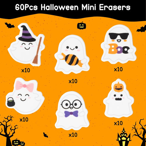 ANGOLIO 60Pcs Halloween Ghost Mini Erasers, Spooky Ghost Pencil Rubber Erasers for School Classroom Rewards