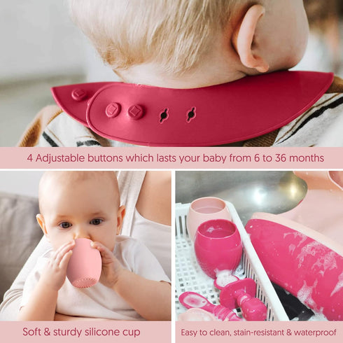 Baby Silicone Feeding Set - Set of 8 Baby Led Weaning Utensils, Smooth Waterproof Silicone Bibs, Cups for Toddlers
