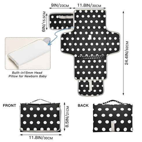 YANENDIE Set Polka Dots Black White Portable Diaper Changing Pad, Waterproof Baby Changing Mat with Storage Pocket