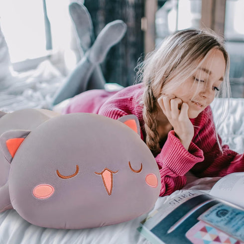 FUYU Cat Stuffed Animals, Soft Kawaii Kitten Plush Pillow, 27in/67cm Toy Gifts for Kids Room Decor (Gray Squinted)