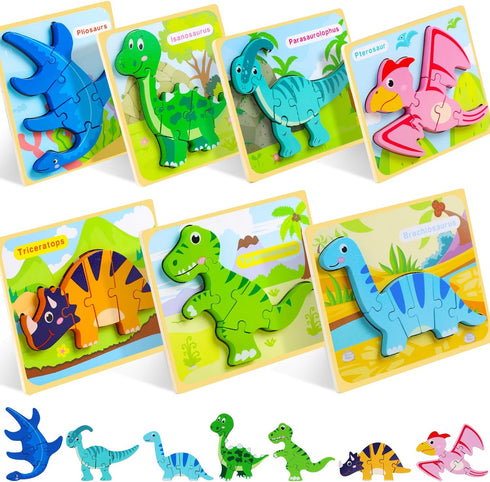 TOY Life Wooden Puzzles for Toddlers Ages 2-4, 7 Piece Dinosaur Puzzle, Educational Toys for Ages 1-3