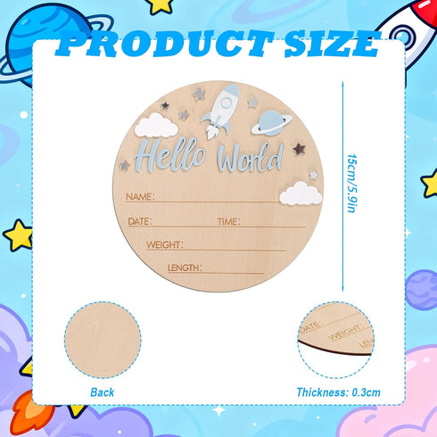Penitue 5.9in Hello World Baby Announcement Sign, Wooden Newborn Birth Sign with Pen Rocket & Planet Decor Hospital